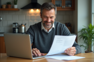 Homme d'âge moyen travaillant à la maison avec documents et ordinateur