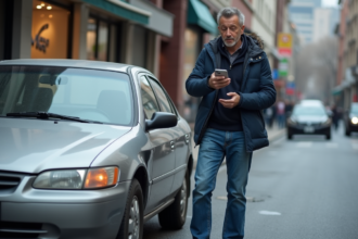 Homme d'âge moyen documentant une bosse sur sa voiture en ville
