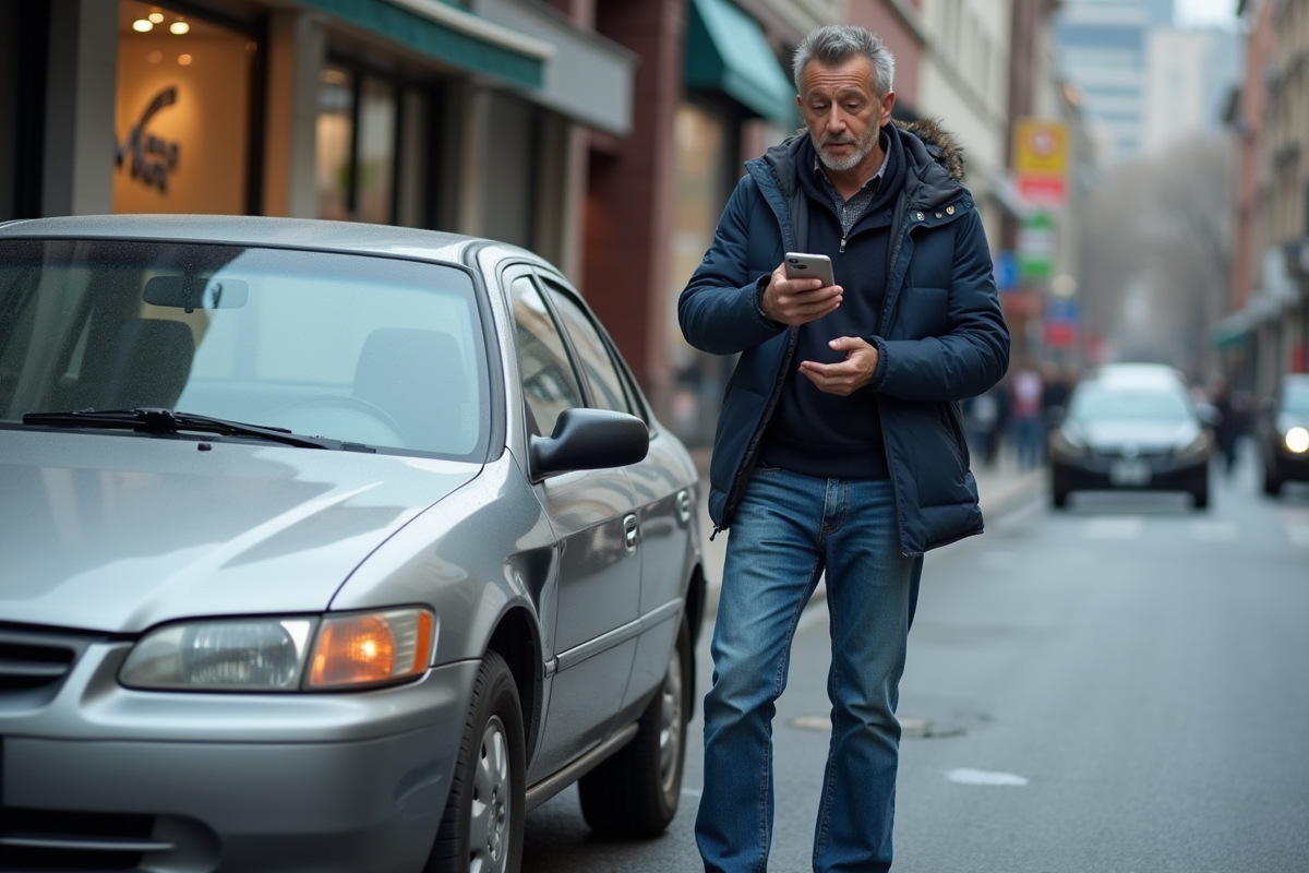 Homme d'âge moyen documentant une bosse sur sa voiture en ville