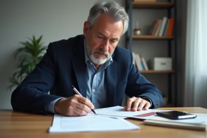 Homme remplissant une declaration de vente de voiture à son bureau