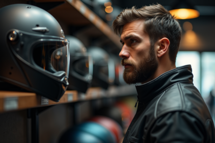 Homme examinant des casques de moto dans un magasin