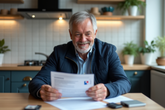 Homme d'âge moyen en veste marine examine documents officiels