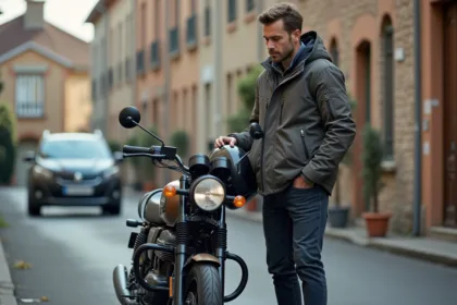 Homme en blouson moto examinant une 125cc dans la rue