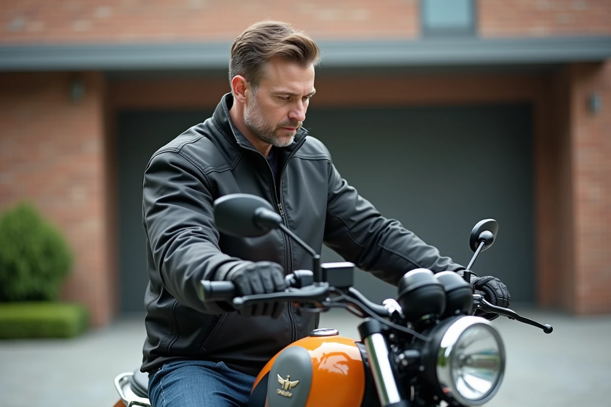 Homme ajustant les guidons de sa moto en extérieur