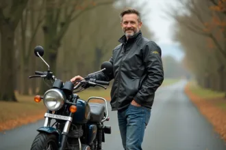 Homme d'âge moyen avec moto 125cc en campagne