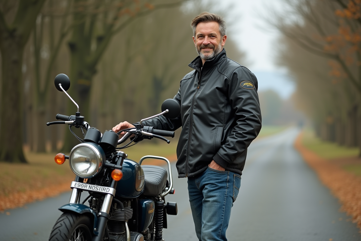 Homme d'âge moyen avec moto 125cc en campagne