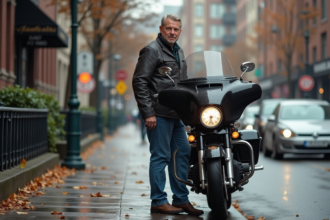 Homme en blouson moto verrouillant sa moto en ville