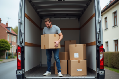 Homme organisant des cartons dans un camion de déménagement