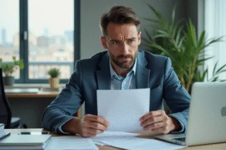 Homme d'affaires regardant une lettre de rejet dans un bureau moderne