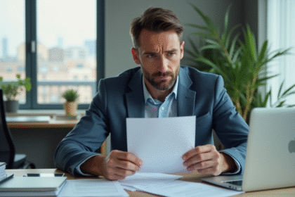 Homme d'affaires regardant une lettre de rejet dans un bureau moderne