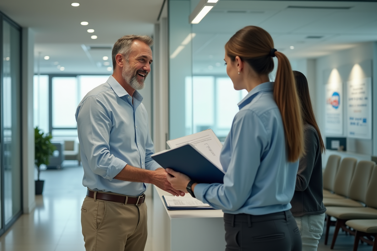Homme remet un dossier à un agent dans une agence d