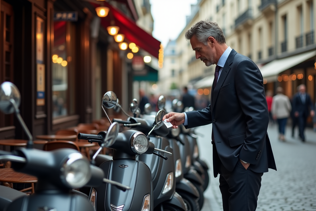 Homme d affaires examine un scooter en ville