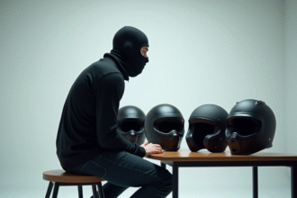 Homme en studio avec casques de moto variés et silhouette de tête