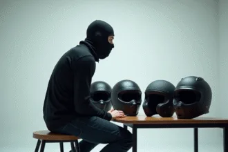 Homme en studio avec casques de moto variés et silhouette de tête