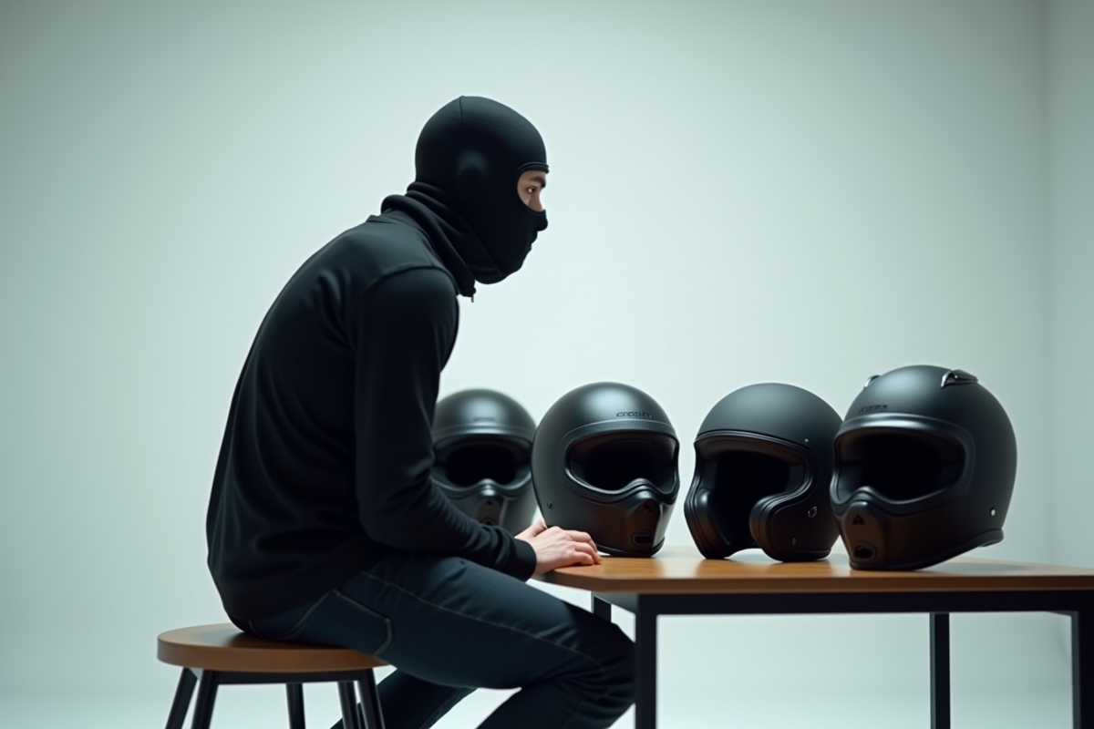 Homme en studio avec casques de moto variés et silhouette de tête