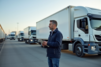 Homme d'affaires avec camion de déménagement en ville