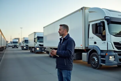 Homme d'affaires avec camion de déménagement en ville