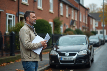 Homme d'âge moyen avec documents devant une voiture en ville