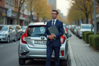 Homme d'affaires avec voiture endommagée en ville