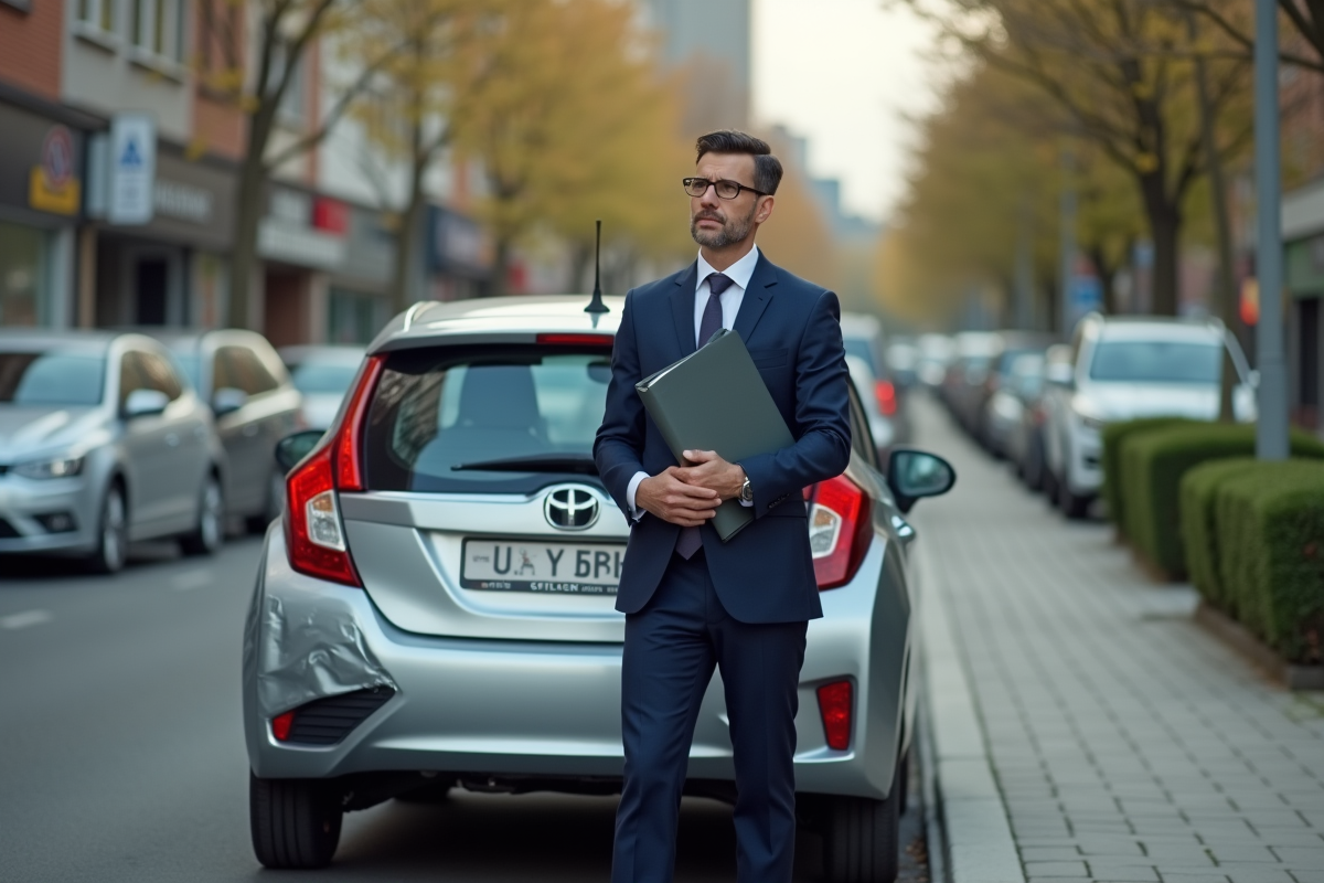 Homme d'affaires avec voiture endommagée en ville