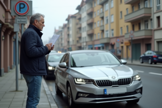Homme d'âge moyen près d'une voiture diesel en ville