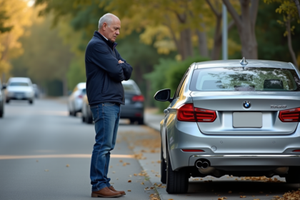 Homme d'âge moyen inspectant l'échappement de sa voiture