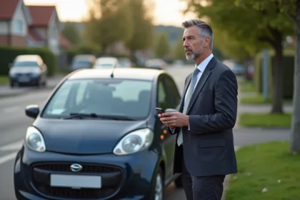 Homme d'affaires à côté de sa voiture en banlieue