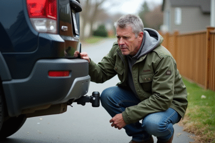 Homme inspectant l'attelage de son SUV dans une allée résidentielle