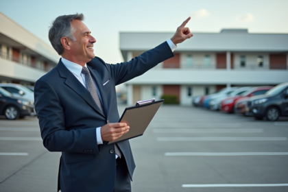 Homme d affaires inspectant un parking organisé