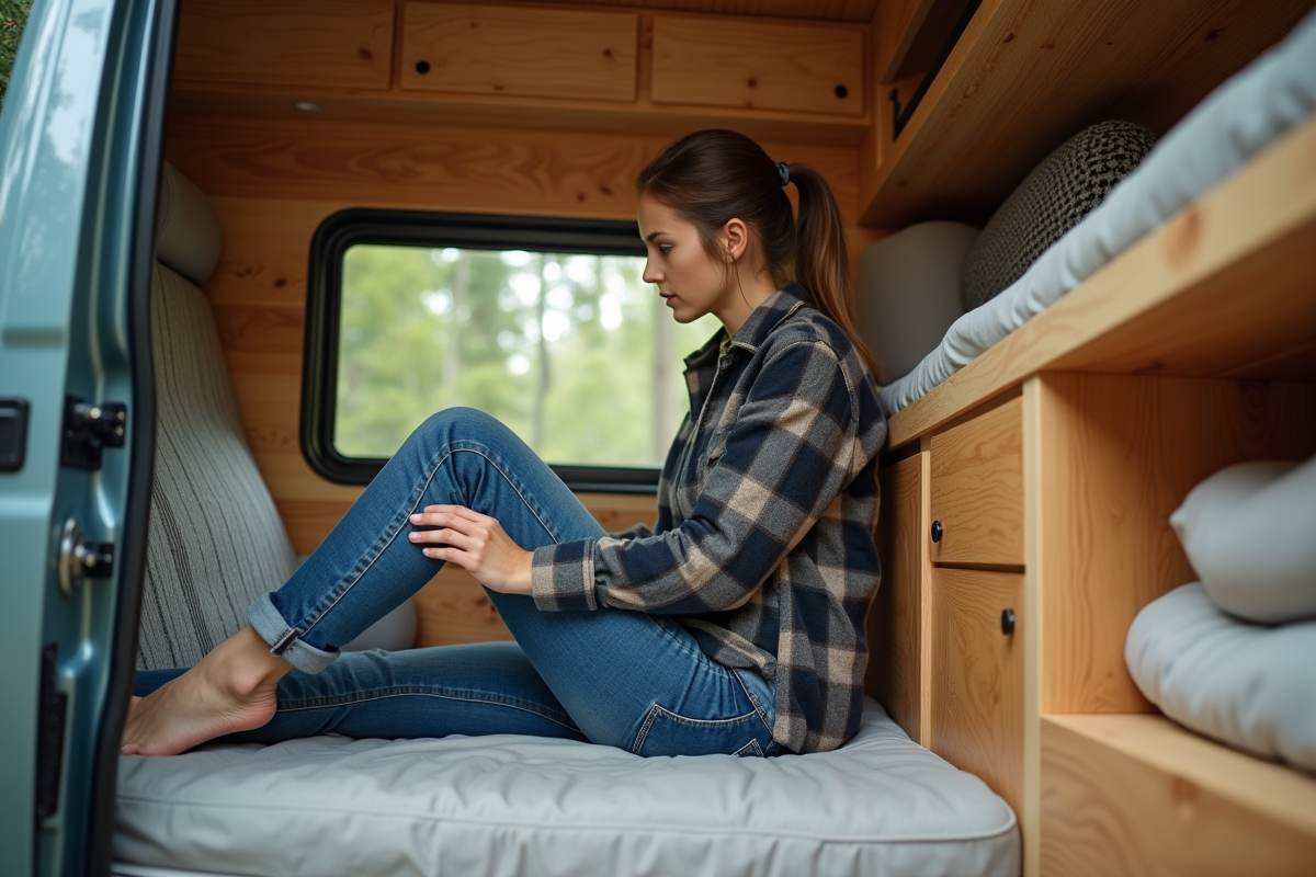 Jeune femme organisant ses affaires dans un van