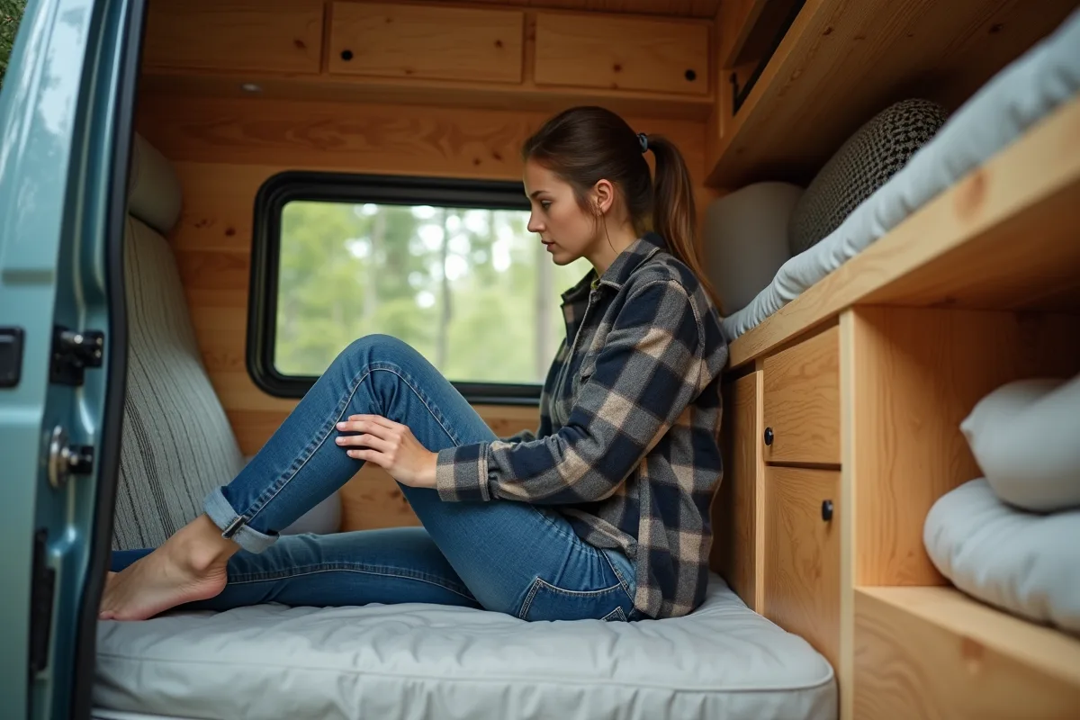 Jeune femme organisant ses affaires dans un van