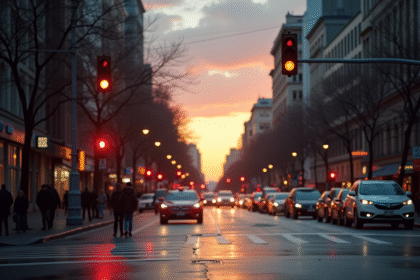 Intersection urbaine au crépuscule avec feu orange clignotant