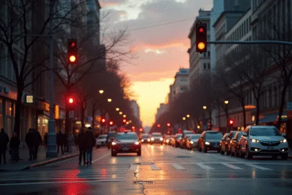 Intersection urbaine au crépuscule avec feu orange clignotant