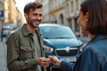 Jeune adulte souriant recevant les clés d'une petite voiture sans plaque