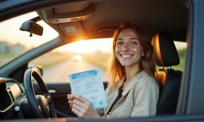 Jeune adulte souriant avec permis de conduire dans une voiture moderne