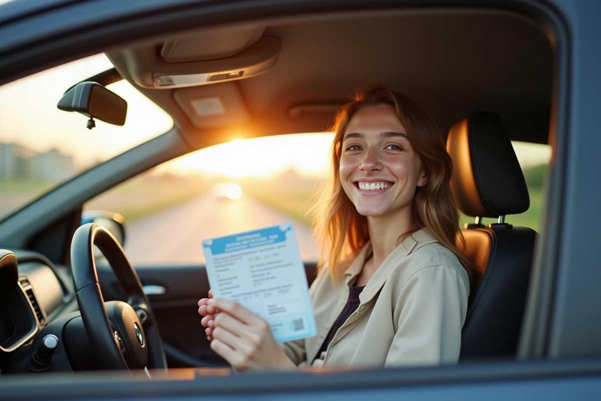 Jeune adulte souriant avec permis de conduire dans une voiture moderne