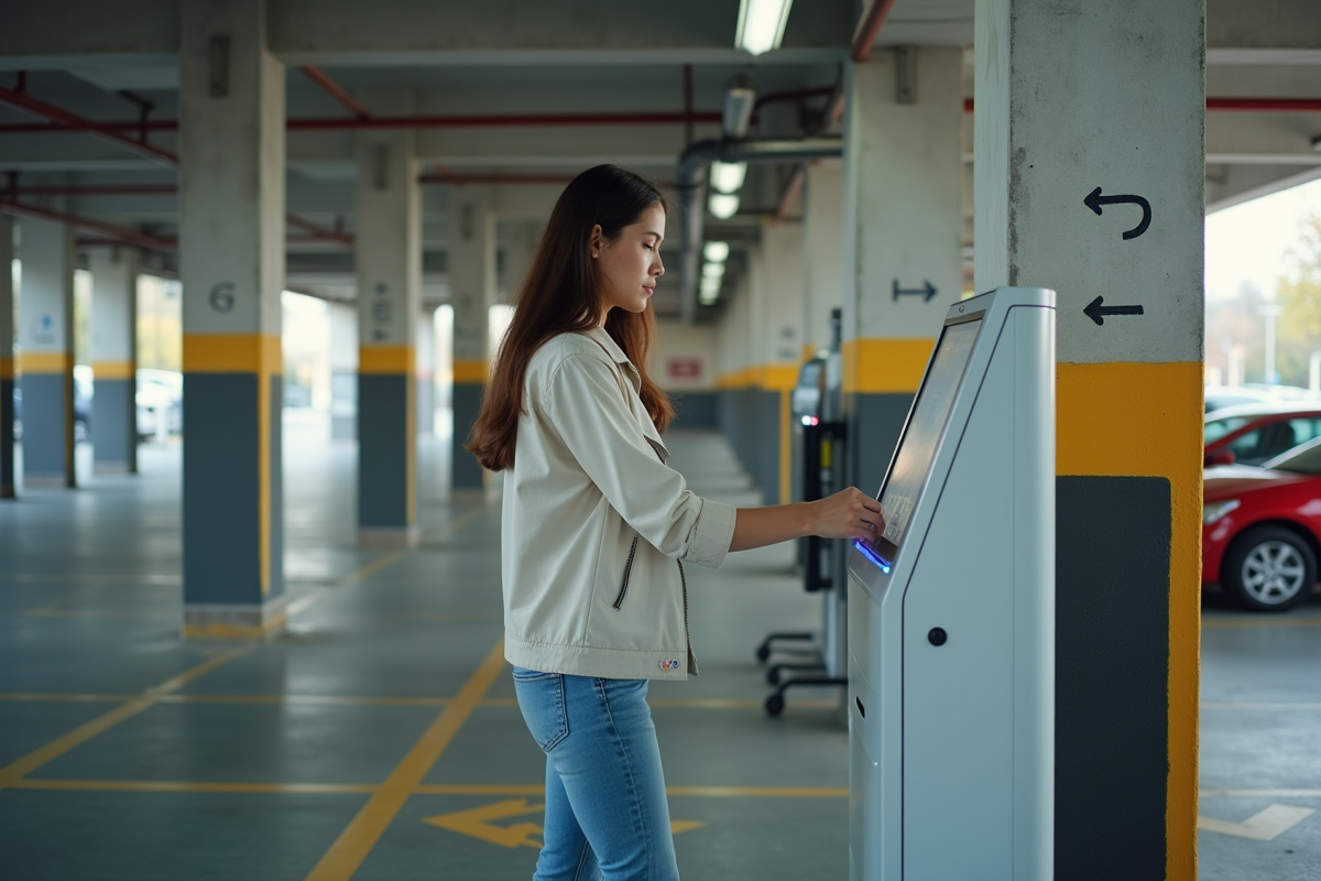 Jeune femme utilisant une borne de paiement dans un parking