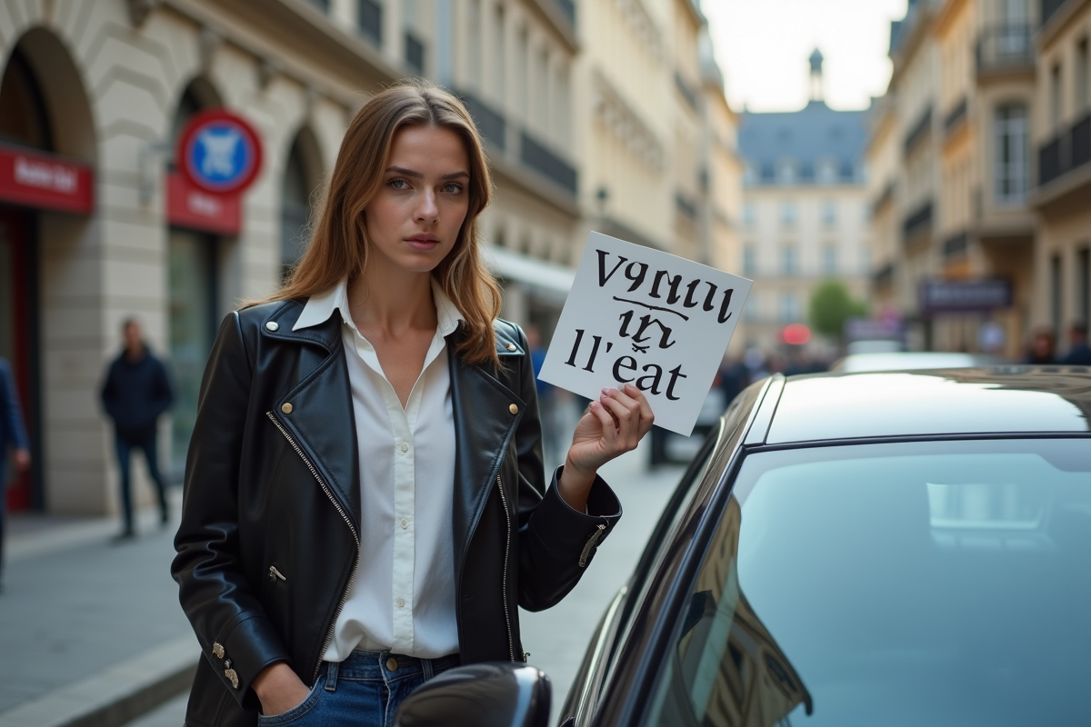 Jeune femme collant un panneau vendu en letat sur une voiture en ville