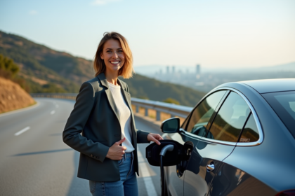 Jeune femme souriante près d'une voiture électrique en nature