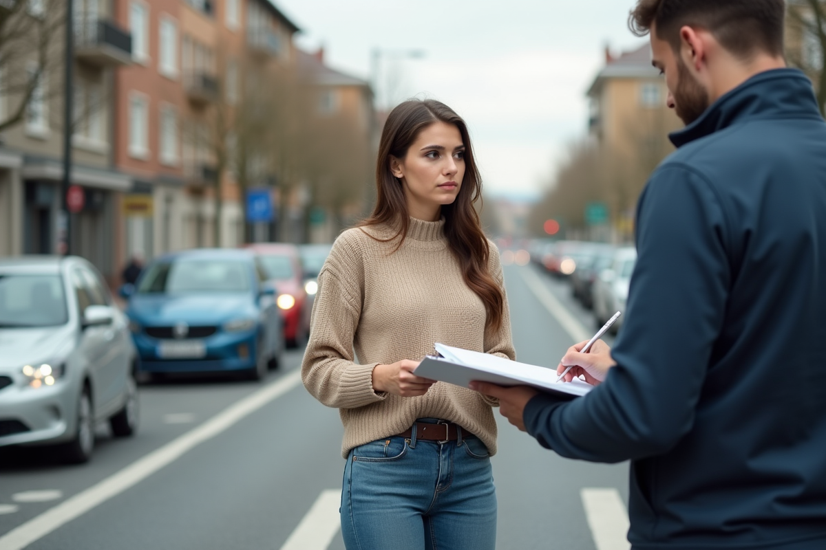 Jeune femme échangeant informations d assurance avec conducteur