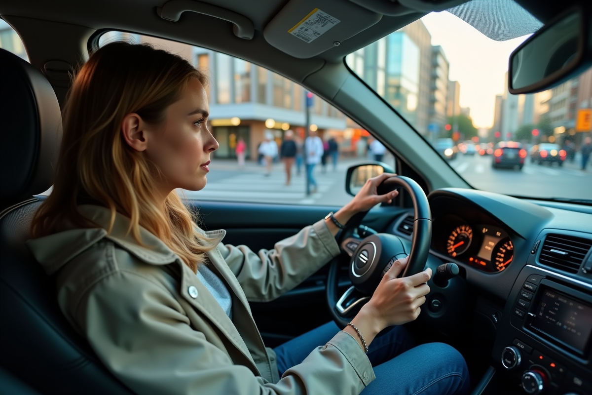 Jeune femme au volant dans une intersection urbaine