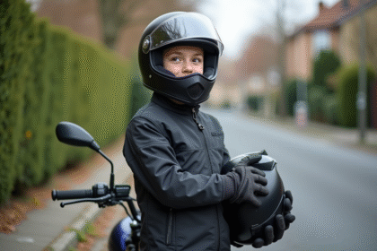 Jeune garçon français en veste moto moderne et casque
