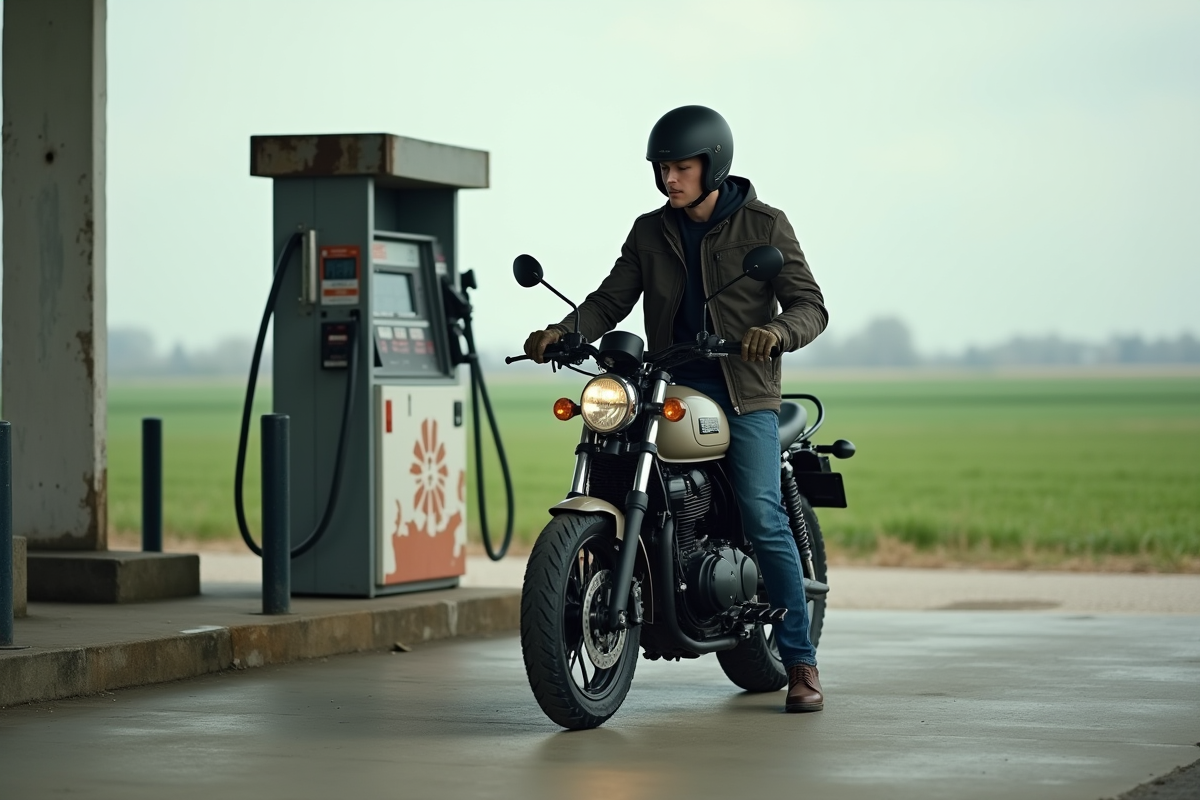 Jeune homme vérifiant le niveau de carburant sur une moto en campagne