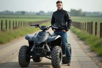 Jeune homme avec quad dans la campagne paisible
