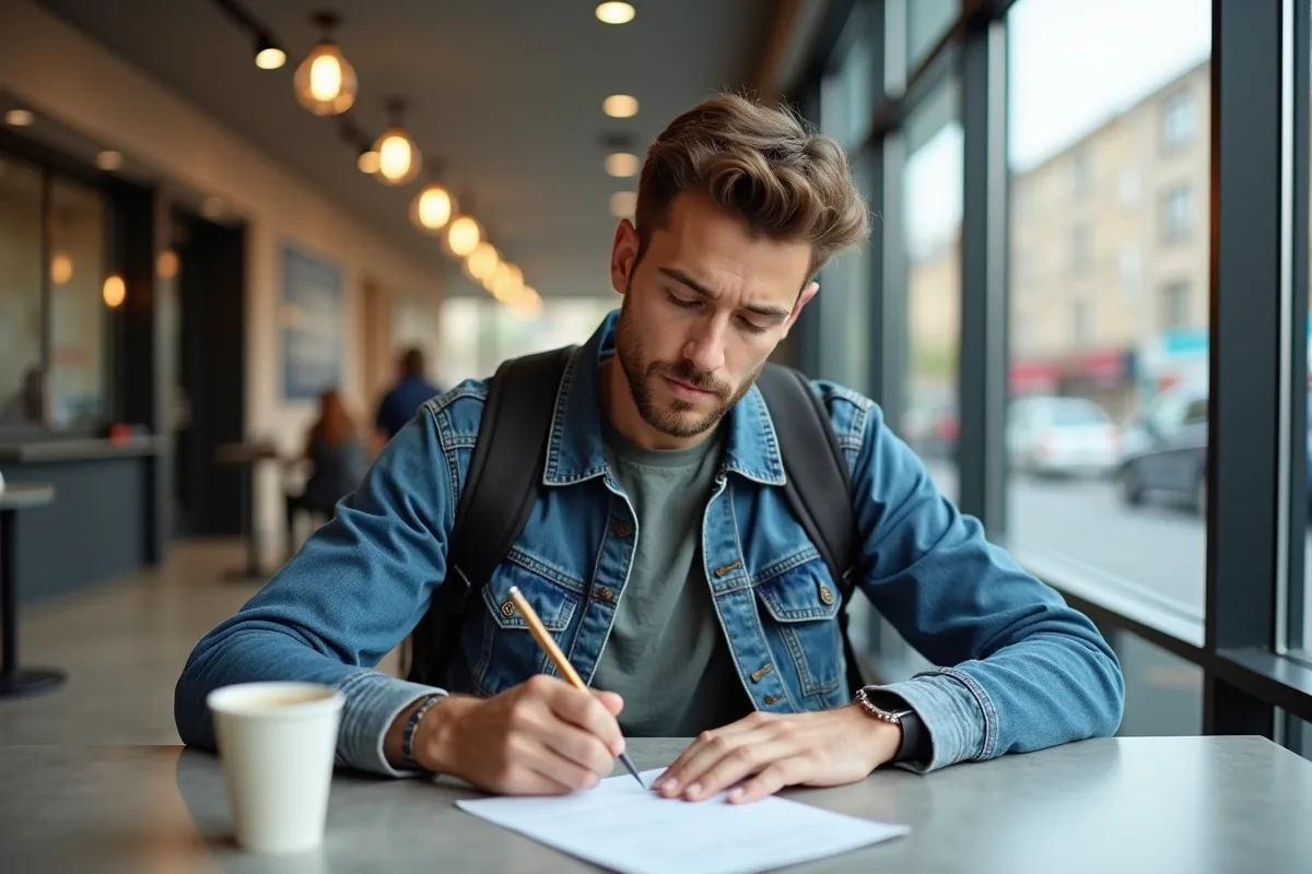 Jeune homme remplissant un formulaire de permis de conduire dans un café