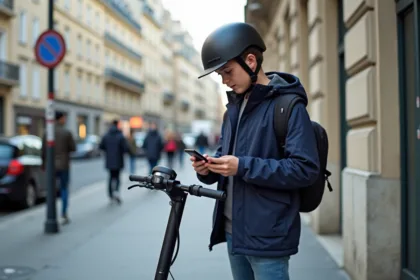 Jeune garçon avec scooter électrique à Paris