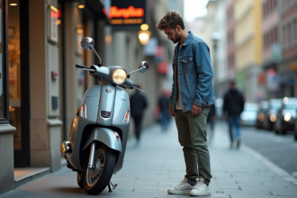 Jeune homme examine un scooter 50cc en ville