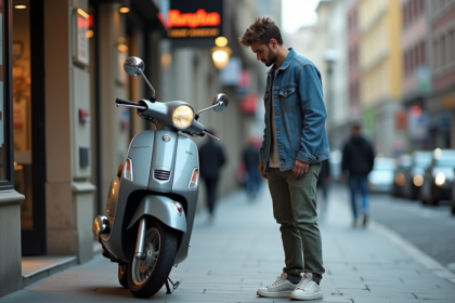 Jeune homme examine un scooter 50cc en ville