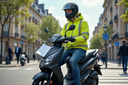 Jeune homme en casque et gilet haute visibilité sur scooter en ville