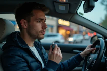 Jeune homme en voiture avec breathalyzer dans la main